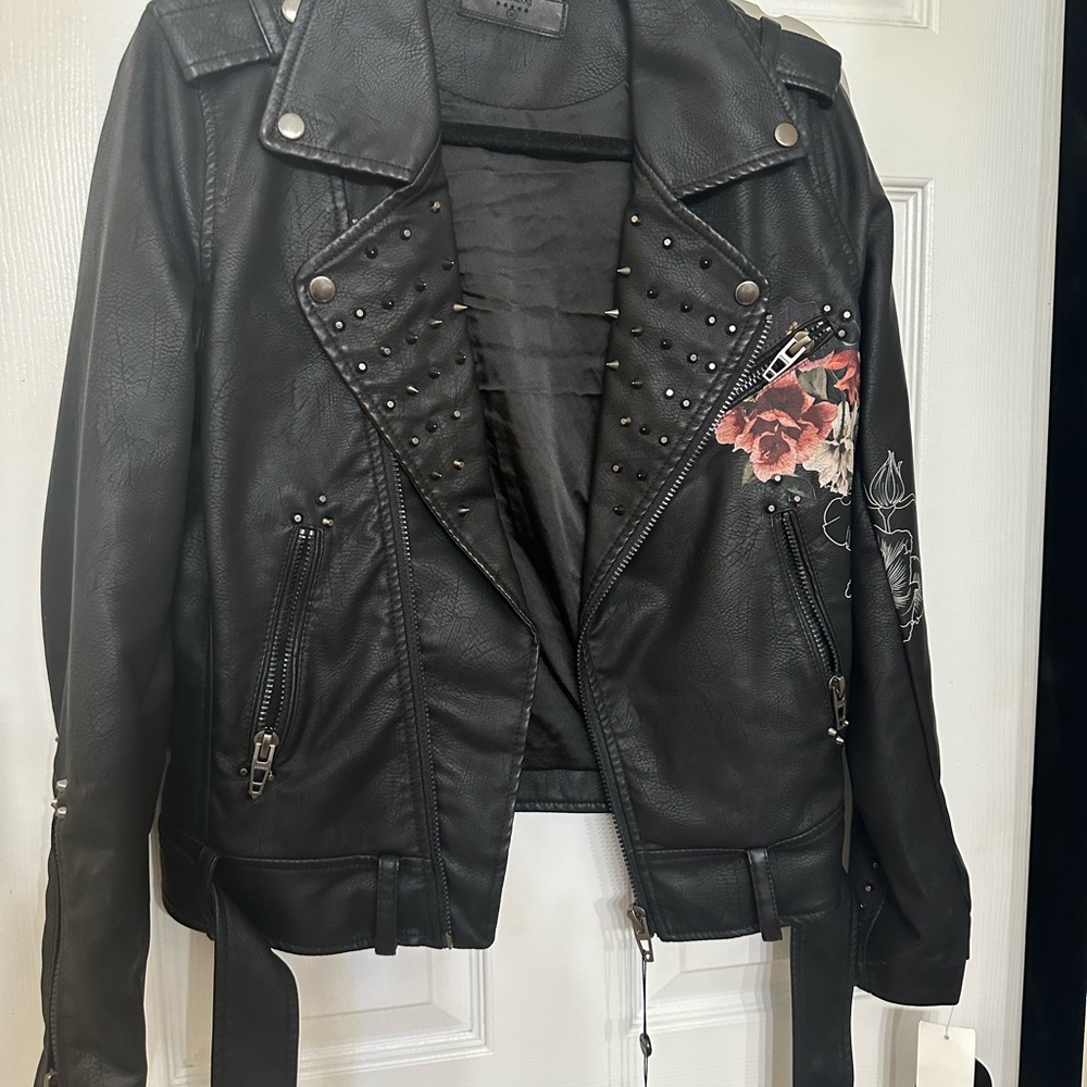 Blank NYC Black Faux Leather Jacket with Studded Floral Design